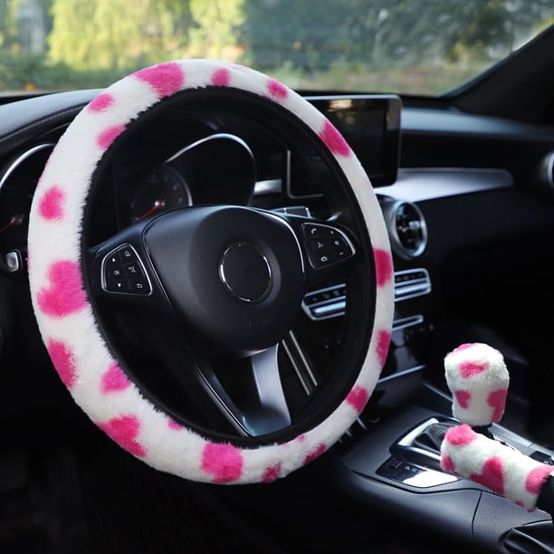 Fundas De Volante Con Estampado De Vaca Esponjoso, Cálidas Y Peludas, Para Invierno, Con Funda Para Palanca De Cambios Y Freno De Mano, Aptas Para Modelos De 37 A 38 Cm