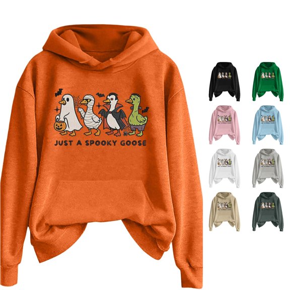 Halloween Sweatshirt for Women Autumn Winter Solid Color Halloween Printing Hooded Sweater for Women and Men with Long Sleeves and Pockets Casual Everyday Wear Cozy Top Orange L