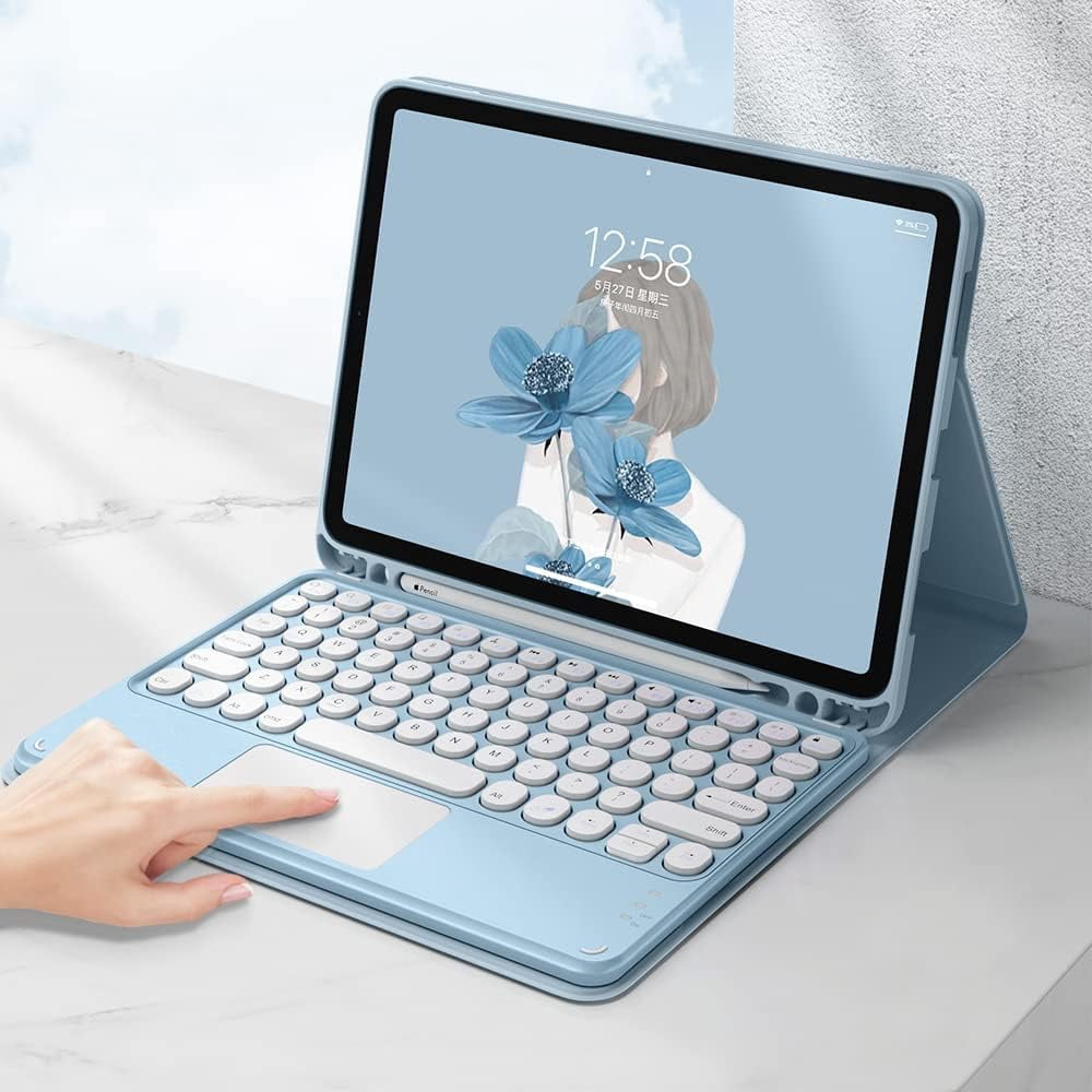 REQO iPad 9th/8th/7th Generation Keyboard Case with Touchpad and Pencil Holder, Round Keys Detachable Trackpad Keyboard for iPad9/iPad8/iPad7/Air3/Pro10.5, Blue