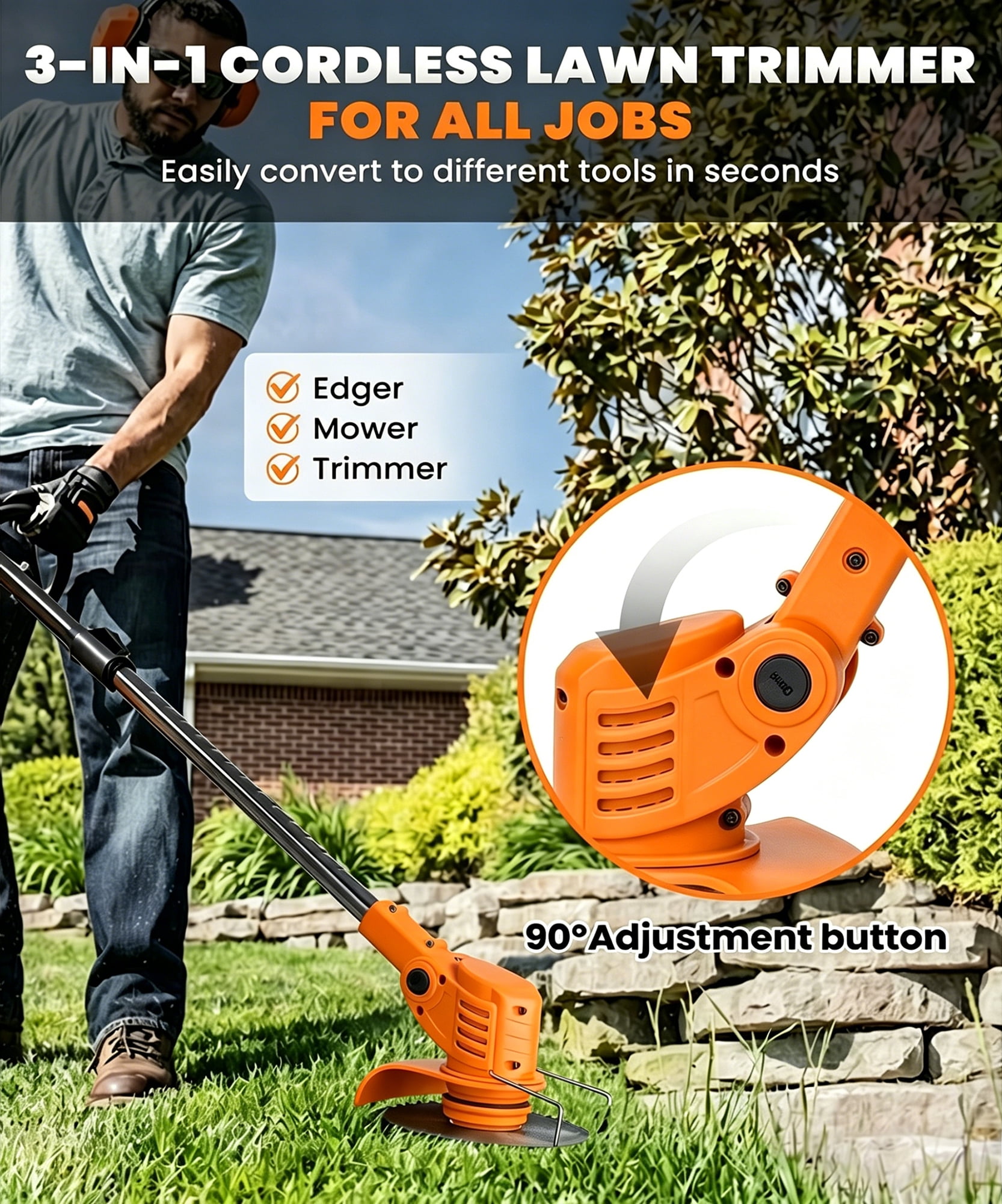 HOTREE 12-Inch 21V Cordless String Trimmer & Lawn Edger, 3-in-1 Lightweight Weed Eater with 2 Batteries (2.0Ah) & 3 Blade Types