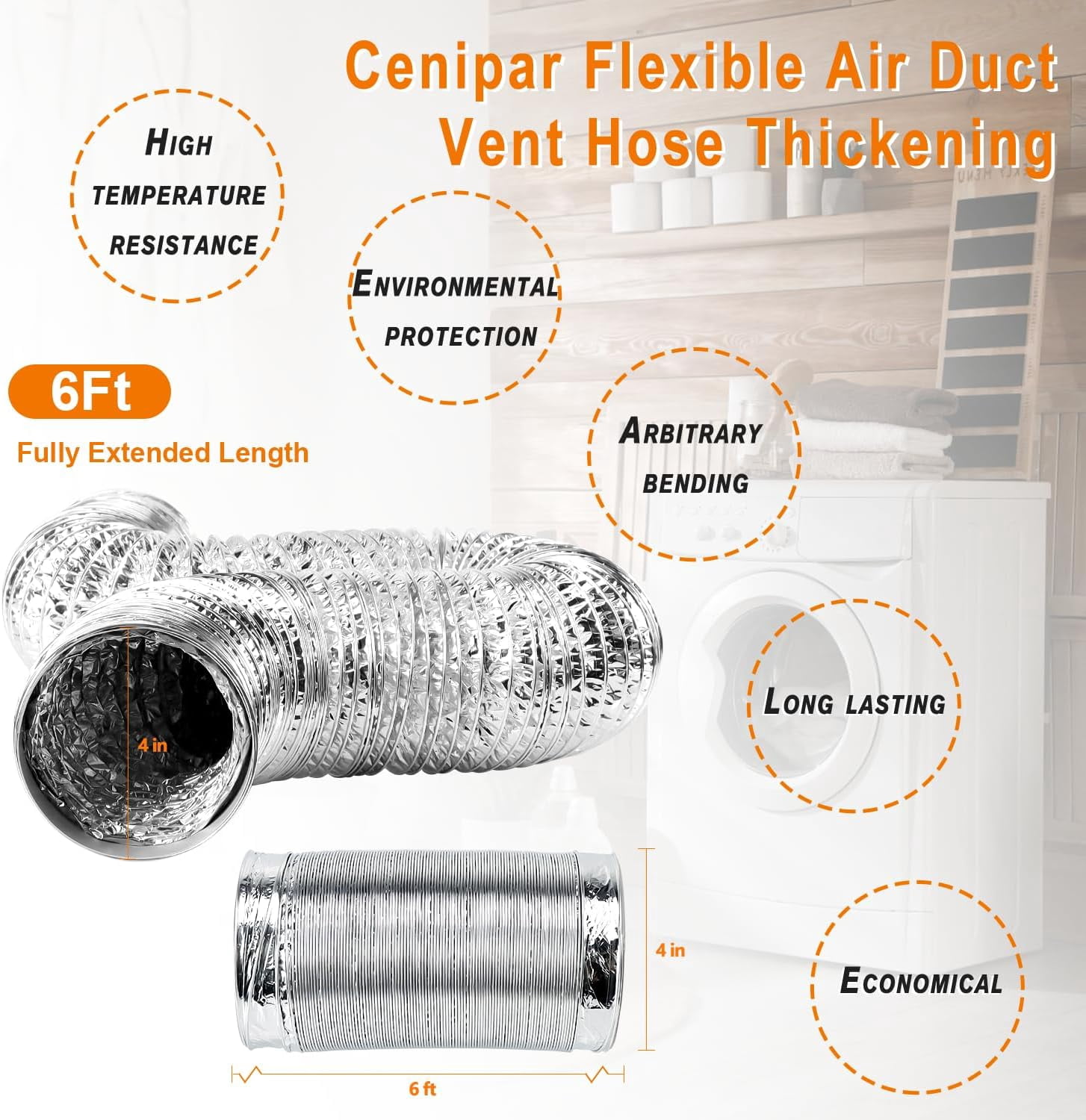 MKEUDQ-Dryer Vent Hose-4 inch Ducting Vent Hose Flexible Aluminum Foil Non-Insulated (4 inch 6 feet) with 2 Clamps
