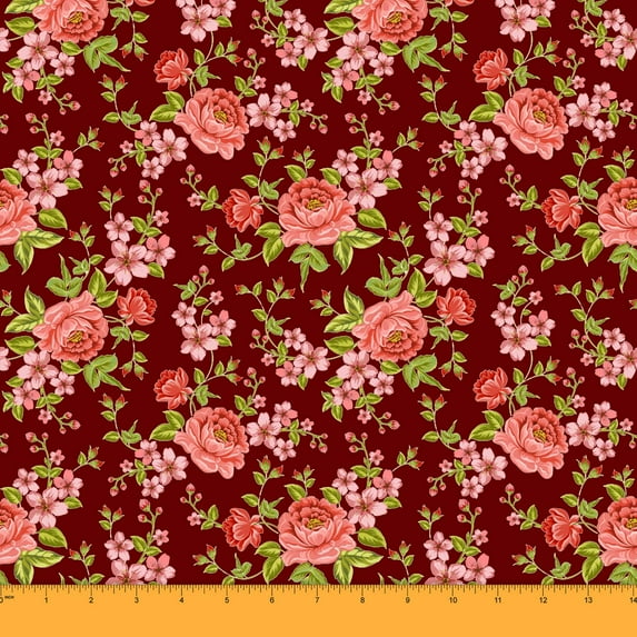 Soimoi 58 Inches Wide Floral Printed Dressmaking Cotton Voile Fabric By The Yard-Maroon