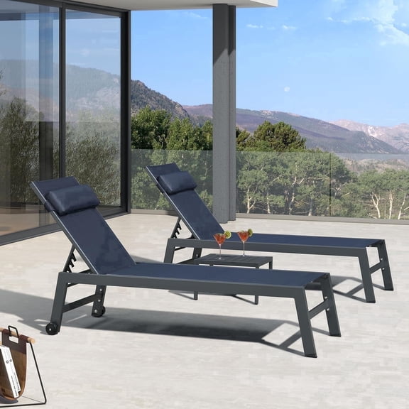 PURPLE LEAF Patio Lounger Set of 3 – Outdoor Chaise Lounge Chairs with Reclining Back, Aluminum Frame, Wheels, Side Table & Cushions – Perfect for Pool, Garden, or Backyard Relaxation，Navy Blue
