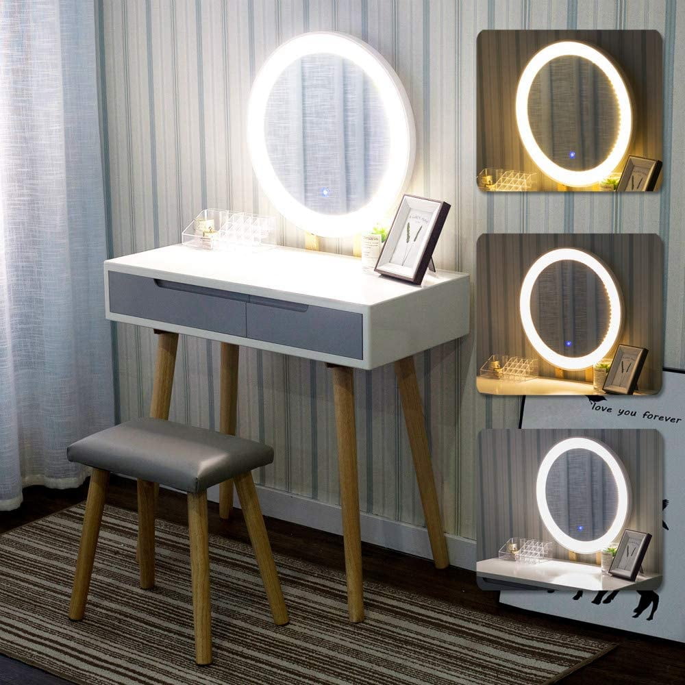 Makeup Dressing Table with Cushioned Stool 3 Modes Adjustable Brightness Mirror CHARMAID Vanity Set with Lighted Mirror 2 Sliding Drawers with Divider Black Modern Bedroom Vanity for Girls Women
