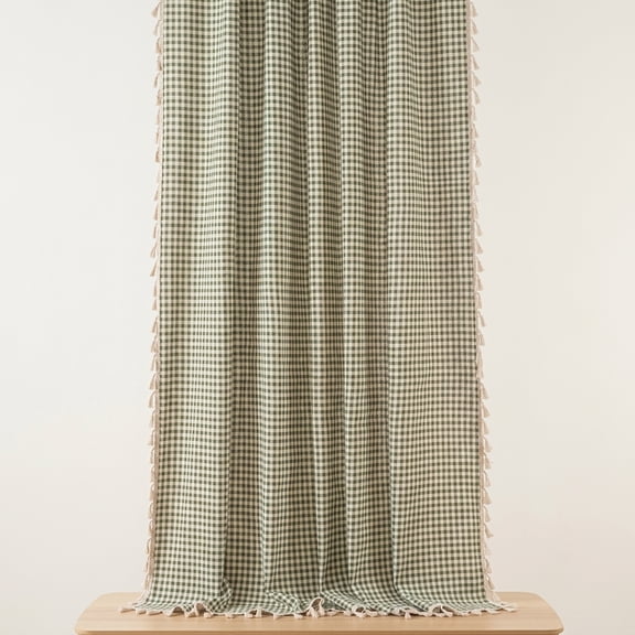 Green Plaid Cotton Linen Blend Gingham Curtain Panel, 55"W x 84"L