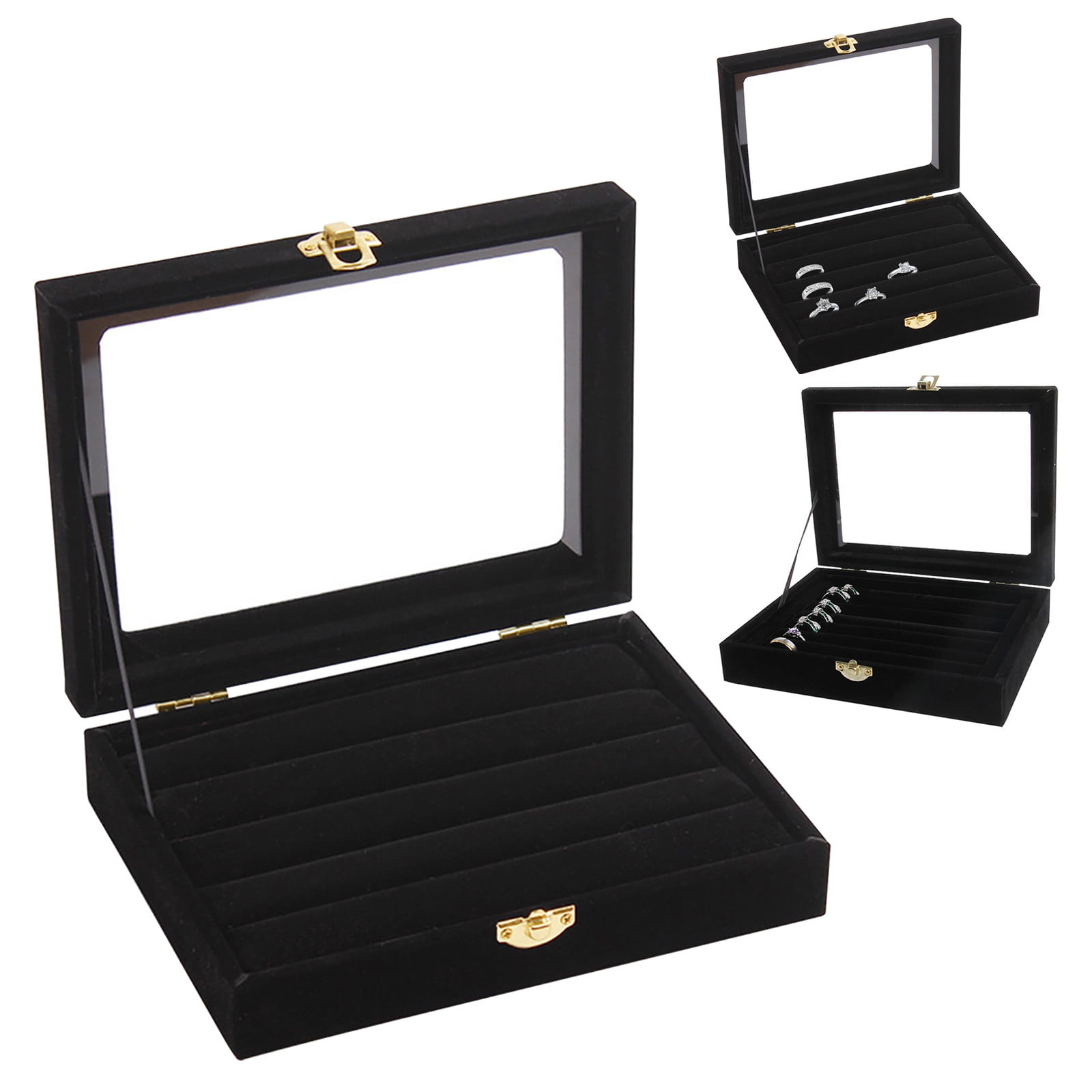 Jewelry Ring Display Organizer Case Tray Holder Earring Velvet Glass Storage Box 