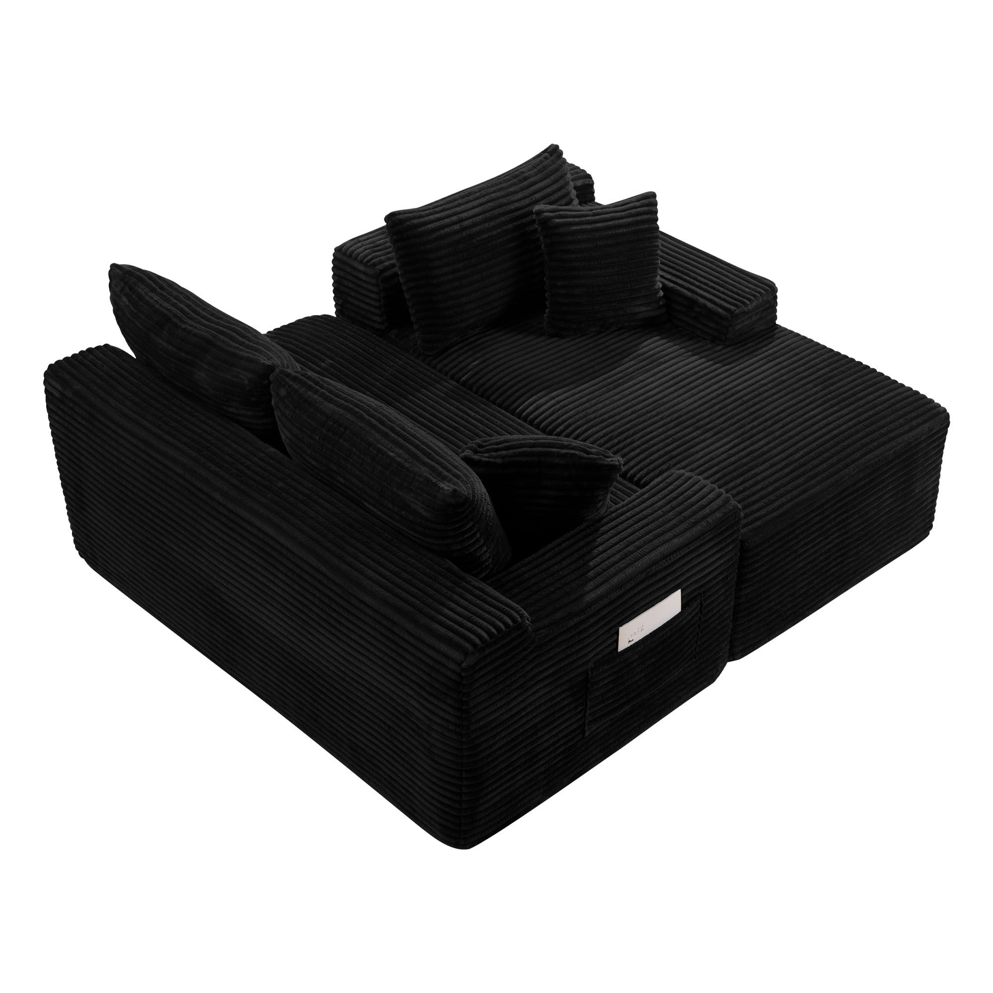 DEALTOPS 106" Corduroy L-Shape Sectional Sofa, Modular Floor Cloud Couch with Right Chaise, Black