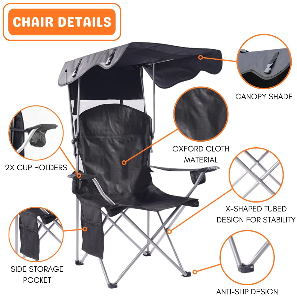 VTOY Folding Chair with Canopy Portable Chair with Shade for Outside Beach Chairs for Adults Chair with Shade Canopy Camping Chairs for Outdoors(Black)