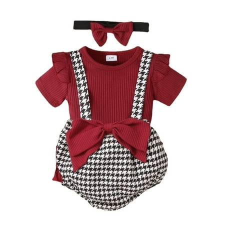 

baby girl clothes Baby Short Ruffled Sleeve Solid Tops Plaid Suspender Pant With Headbands 3Pcs Outfits Set