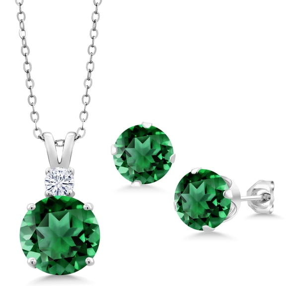 Gem Stone King 925 Sterling Silver Green Nano Emerald and Moissanite Pendant and Earrings Jewelry Set for Women (10.54 Cttw, Round 10MM, Gemstone May Birthstone, with 18 inch Silver Chain)