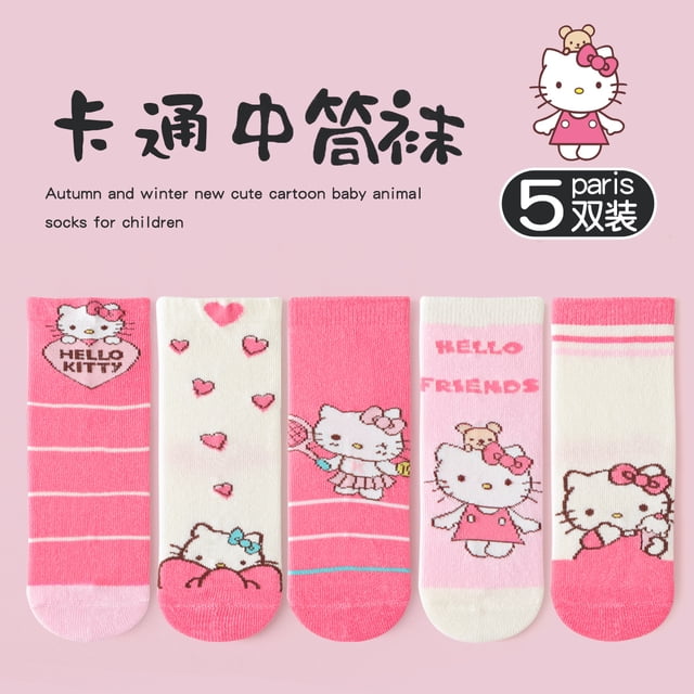 5 pares de calcetines infantiles de Hello Kitty, calcetines de media pantorrilla con dibujos de gatos rosas, calcetines de algodón para niños medianos y grandes