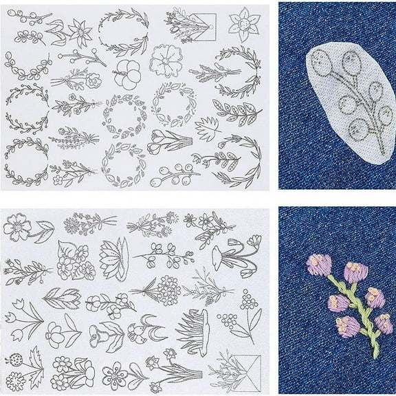 1-Pack Water Soluble Embroidery Stabilizer Sheets Washable Tear-Off Stabilizer with 50 Floral Patterns A4 Size for H & Sewing DIY Fabric Decorations