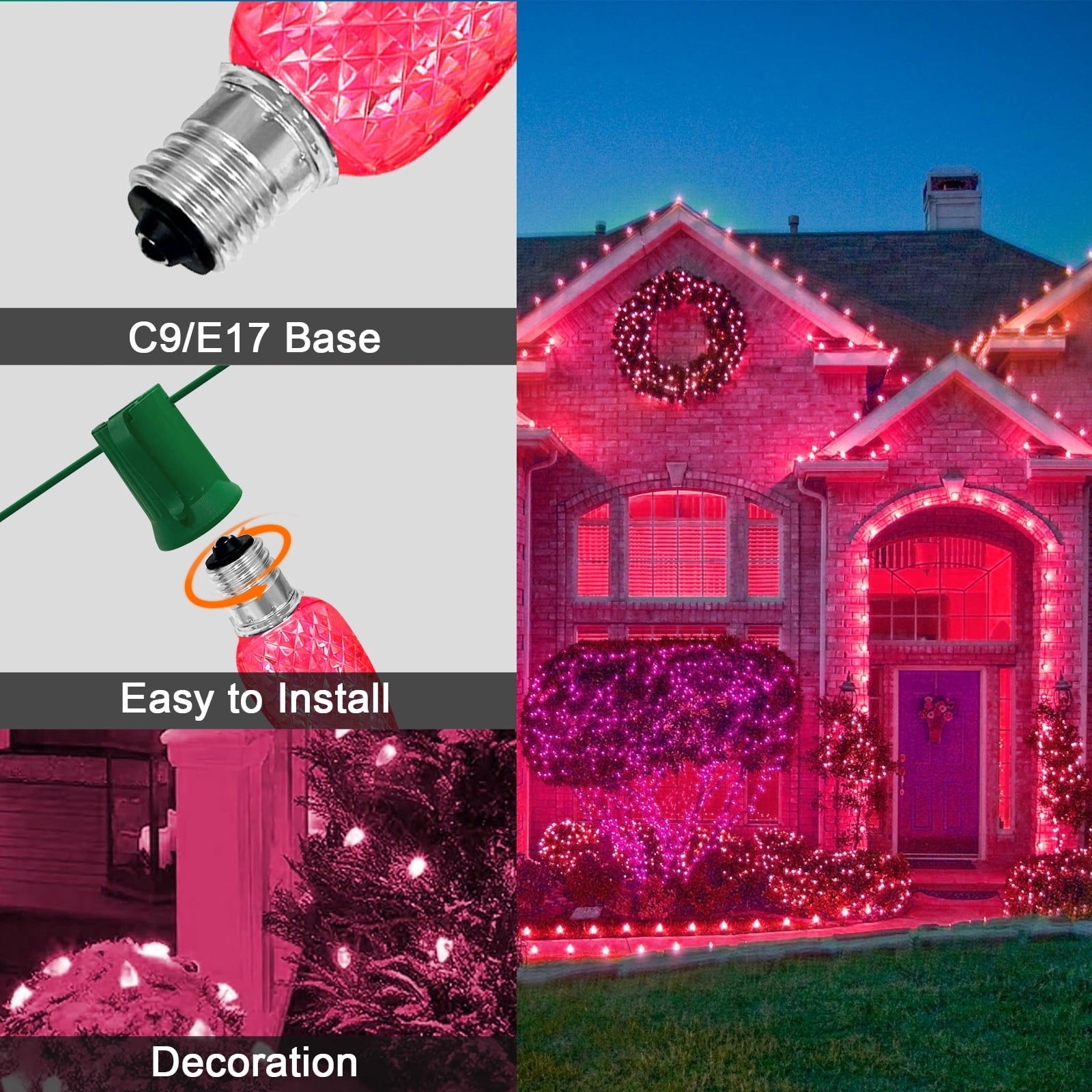 LAMPHOME Pink C9 Christmas String Light Outdoor, 25FT Shatterproof LED for House Rooflines & Pathways, Connectable Waterproof Vintage Christmas Light for Tree, Yard, Patio, Porch, Garden