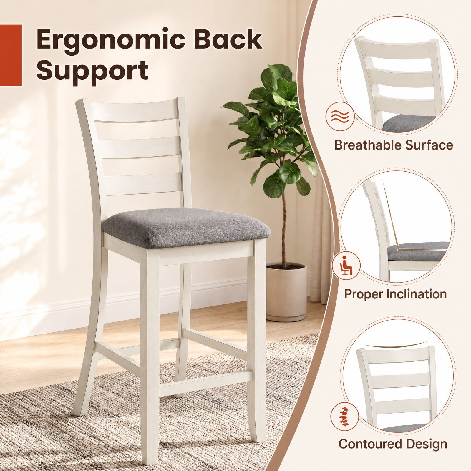 Furnibear Counter Height Chairs Set of 2 with Fabric Seat and Rubber Wood Legs, Upholstered Bar Stools with Backrest, Beige