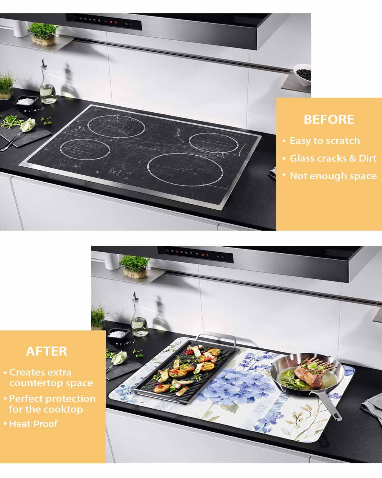 nqOlkjepod Large Induction Cooktop Protector Mat 24"x21", Purple Hydrangea Stove Top Covers for Electric Stove, Stripe Botanical Vintage Decorative Stove Burner Cover Mats, Glass Top Stove Cover