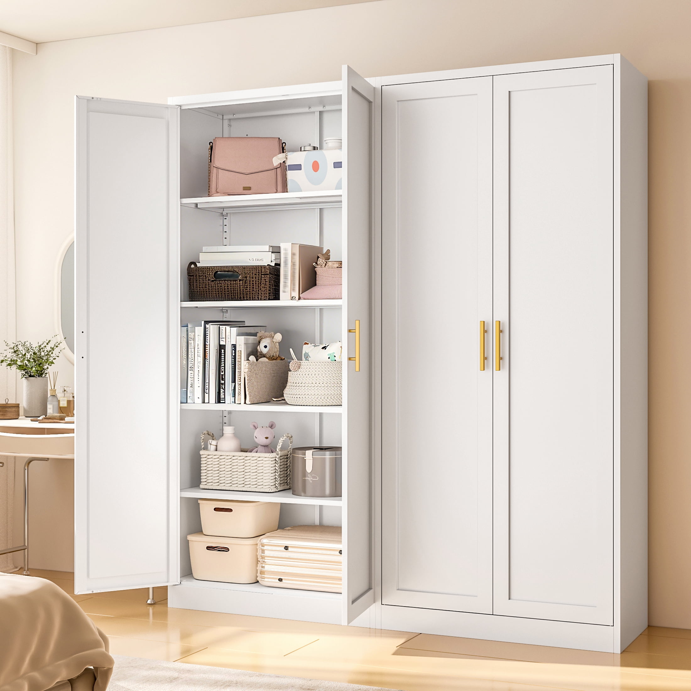 71" Tall Kitchen Pantry Cabinet, Metal Kitchen Pantry Storage Cabinet with Drawer and 2 Adjustable Shelves , Freestanding Pantry Cupboard for Living, Dining Room, White