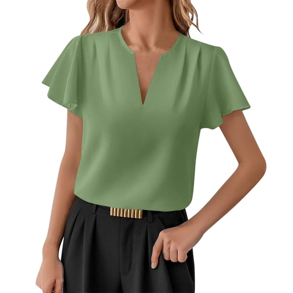 Cutuoiiu Short Sleeve Tops for Women Casual Solid Color V Neck Summer Ruffle Sleeve Busines Office Clothing Gifts