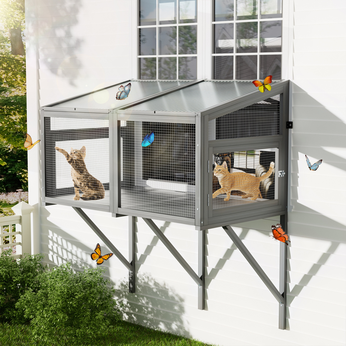 Cat Catio, Window Box Enclosure for Indoor Cats, Wooden Window Perch House, All Weather Comfortable Outdoor Haven for Pets, Expandable for Multi Kittens, Gray