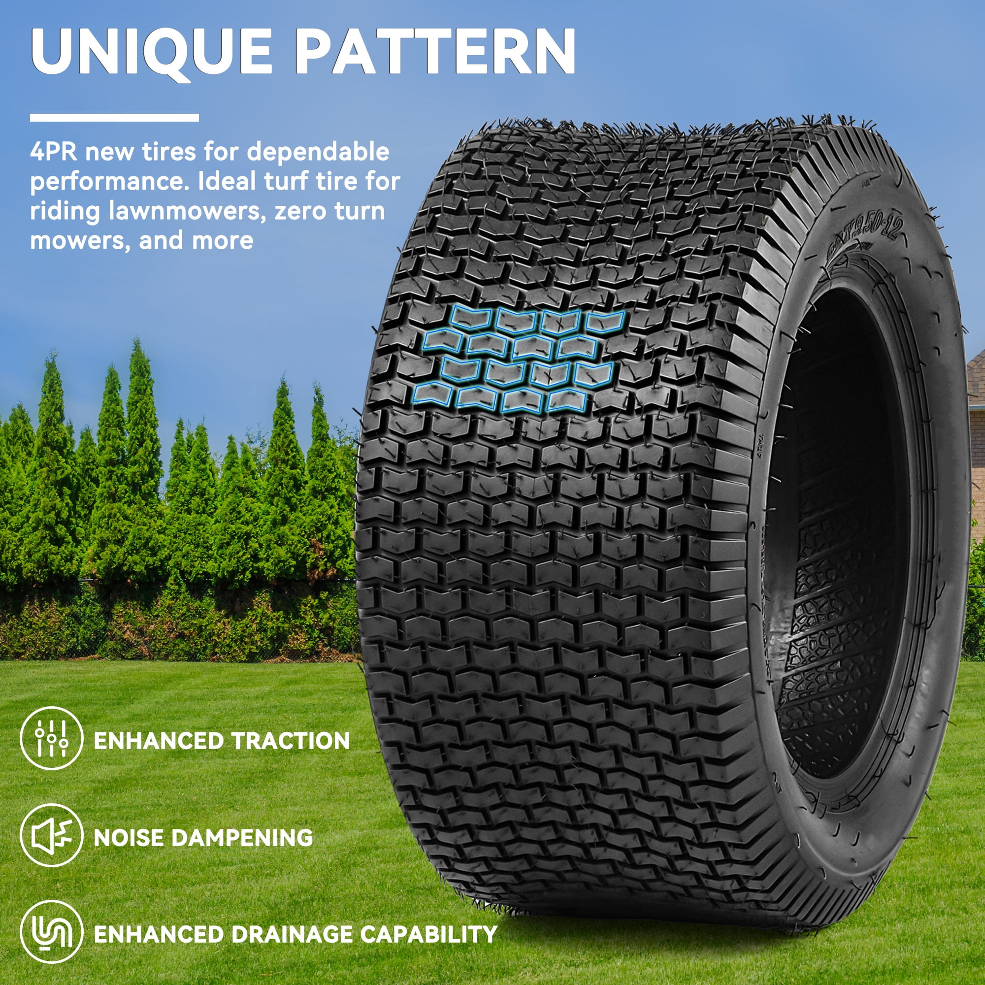 Uforic Set of 2 22x9.50-12 Turf Lawn Mower Tires, Heavy Duty 4 Ply Tubeless Replacement Tires, 1340 LBS Max Load Capacity for Riding Lawn Tractors, Golf Carts & Garden Equipment