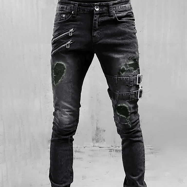 Yubnlvae Jeans for Men, Men's Trousers Casual Straight Mid-Rise Slim Fit Ripped  Jeans Black 