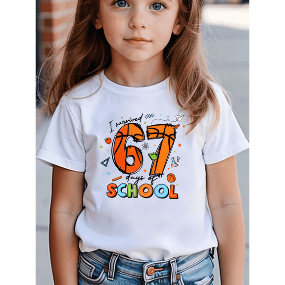 MAWOTEA [Slim Fit] I Survived 67 Days Of School Print T-Shirt For Kids School Wear, Size 3Year-13Year