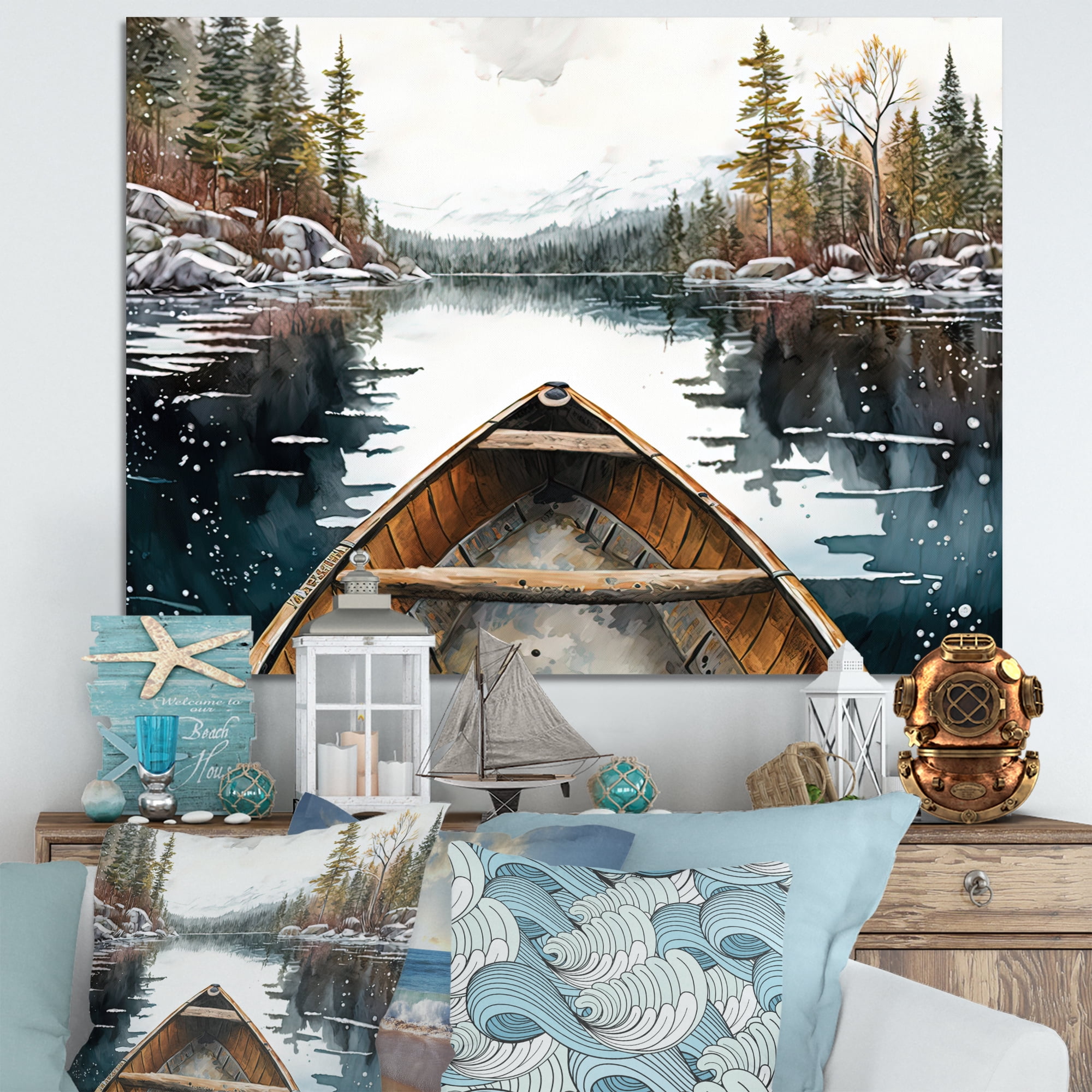 Designart Winter Canoe Scenery I Canvas Wall Art