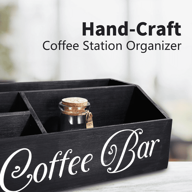 Coffee Station Organizer Wooden Coffee Bar Accessories Organizer for Countertop, Farmhouse Kcup Coffee Pod Holder Storage Basket Coffee Bar Organizer