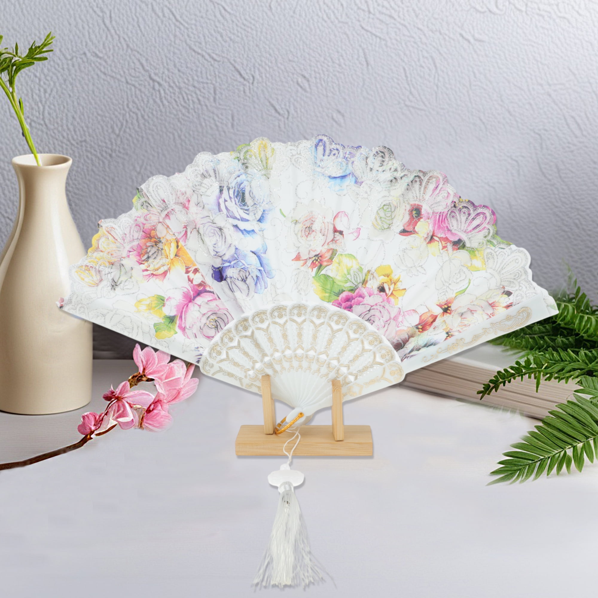 Unique Bargains Rose Print With Tassel Folding Fan 1 Pc For Summer Decorations White