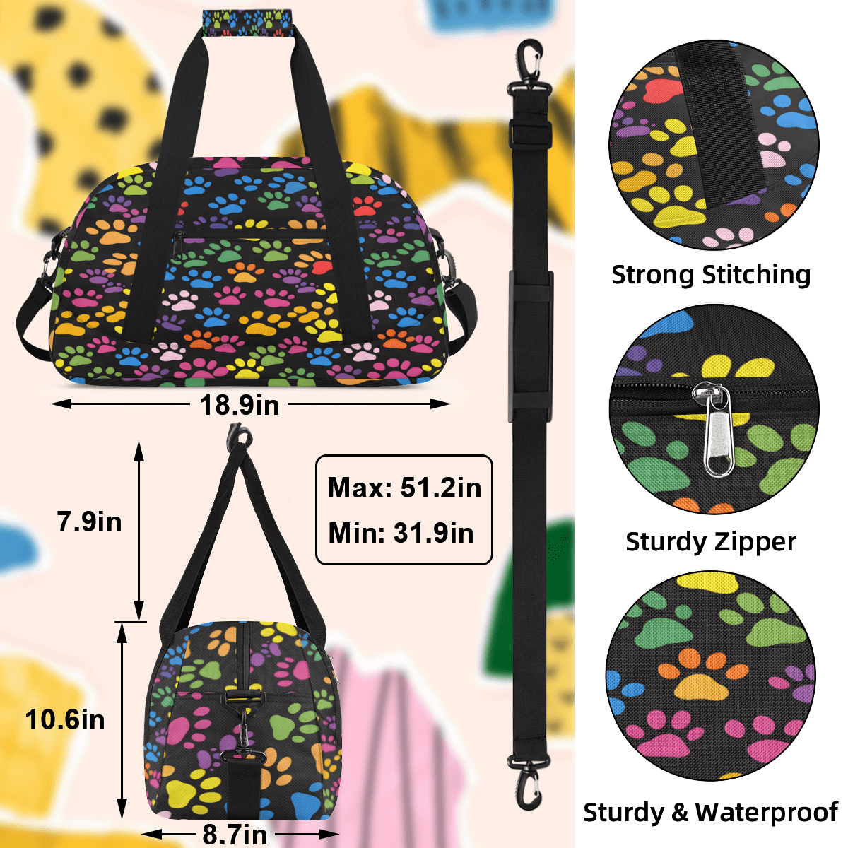Herdesigns Sports Duffle Bags Travel Duffle Bag Gym Bag Paw Print Colorful Dog Paw Weekender Travel Bag Waterproof Overnight Bag Carry On Travel Tote Bag Dance Bags