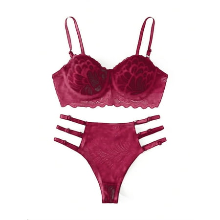 Mnyotv Bra Set for Women Women s Lace Camisole Set New Sexy Fashion Lace Lingerie Underwear Sleepwear Steel Ring Pajamas Garter Wine L
