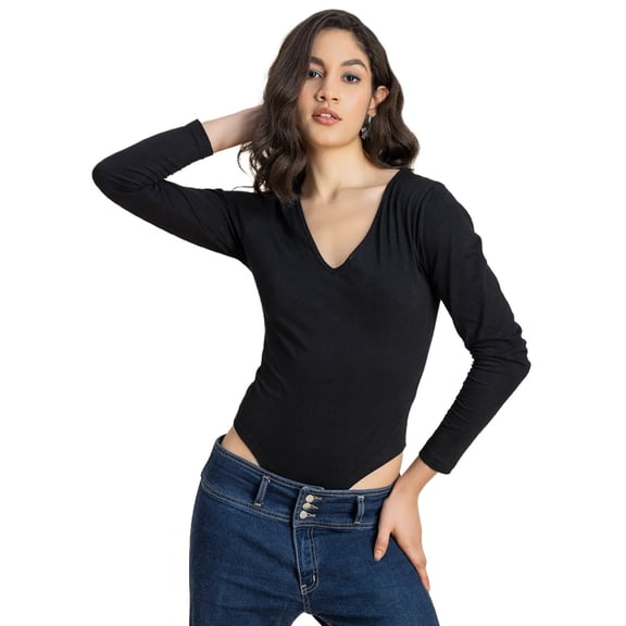 Moomaya V-Neck Solid Bodysuit For Women, Long Sleeves Cotton Casual Bodysuit