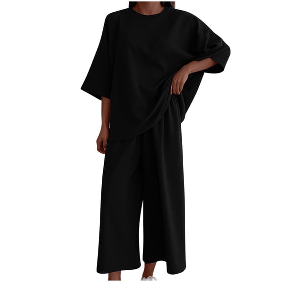 2 Piece Spring Sets for Women Summer Vacation Outfits for Women Clothing Set Female Round Neck Short Sleeve Tops Pants Sets Cargo Pant Style S_1010 Women's Tracksuits Black M