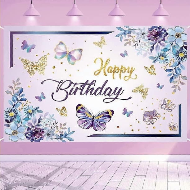 Butterfly Backdrop Birthday Decorations Purple Butterfly Banner for Girl Baby Happy Birthday Party Butterfly Backdrop Banner Spring Flowers Themed Par