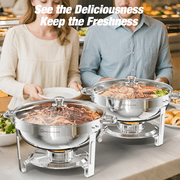 WARMOUNTS Round Chafing Dish Buffet Set 4 Pack, 5QT Buffet Chafe Warmer Set, Polished Stainless Steel Chafing Dish for Buffet with Glass Lid & Holder for Party Events, No Finger Cuts