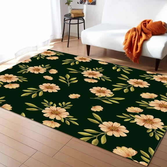 Area Rugs 2x3 Ft Country Rustic Floral Daisy Leaves Dark Green Non-Slip Washable Rug Indoor Rug Floor Mats Non Shedding Carpet for Living Room Bedroom Dining Room Home Decor