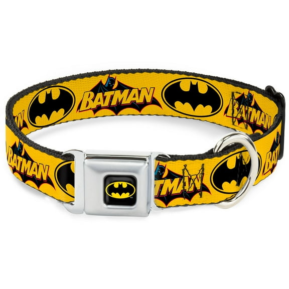 DC Comics Pet Collar, Dog Collar Metal Seatbelt Buckle, Vintage Batman Logo Bat Signal Yellow, 11 to 16.5 Inches 1.0 Inch Wide