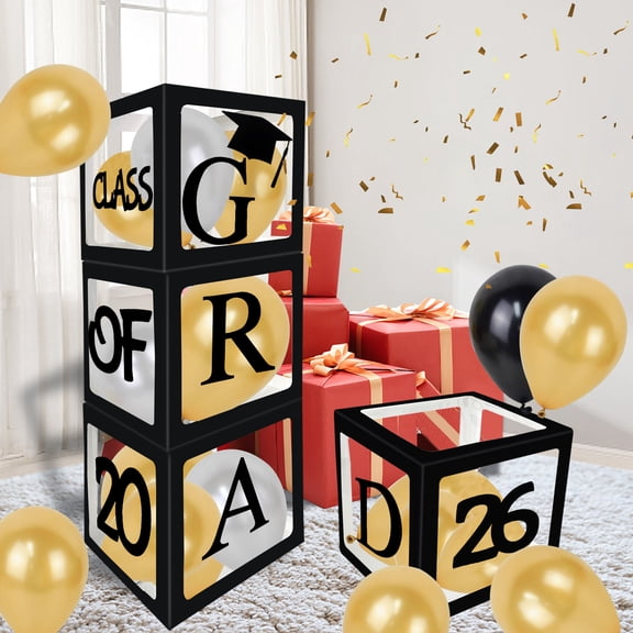 Nrnio 2026 Graduation Party Decorations , 4pcs Black Graduation Balloon Cardboard Boxes with GRAD 2026 Letter for Class of 2026 High School and College Graduation Party Decorations Supplies
