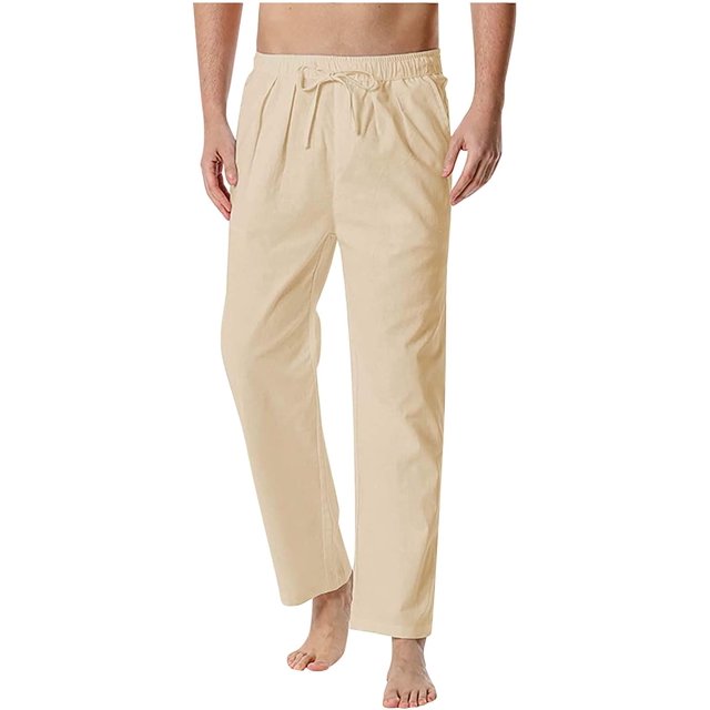Pantalones casuales de lino para hombre, de verano, color sólido, sueltos, elásticos, con cordón, para playa, yoga, pantalones de golf 043-caqui 3XL 043-caqui 3XL Xishao ropa