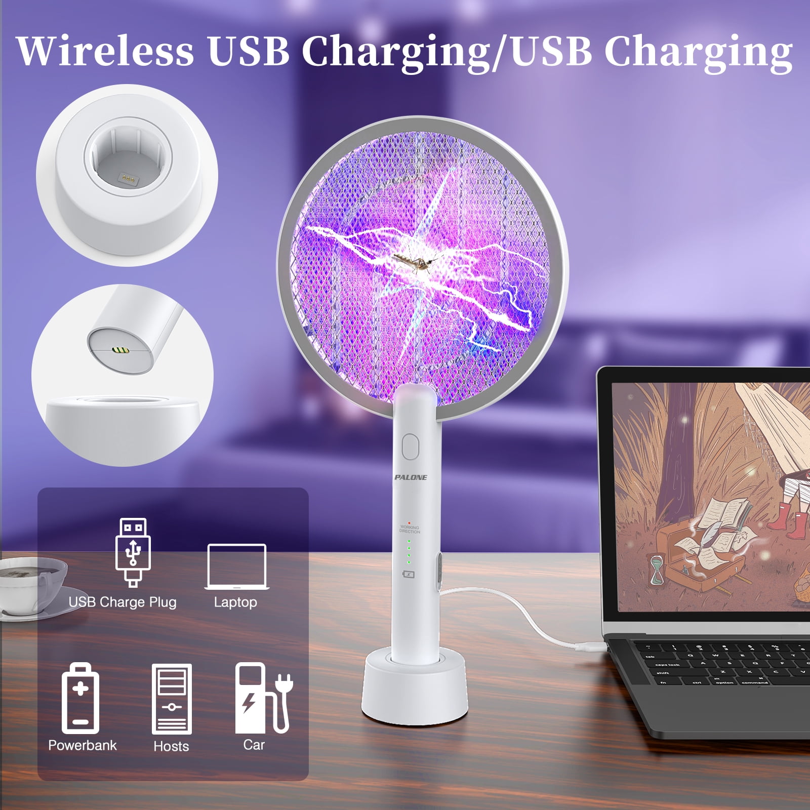 Bug Zapper, PALONE 2 in 1 USB Rechargeable Electric Fly Swatter Lamp & Racket, 3000V Pest Insects Control Flying Bugs Trap Mosquito Killer for Home, Kitchen, Office, Outdoor