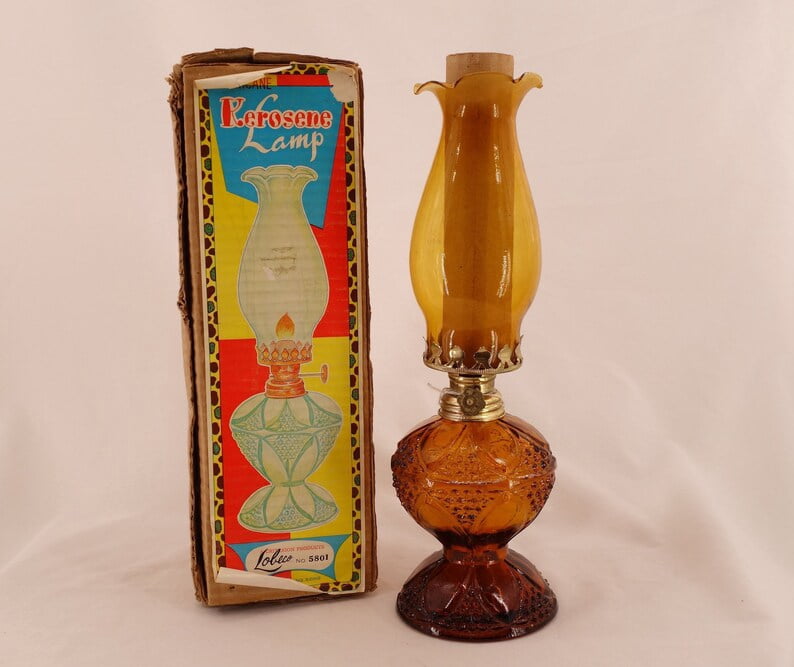 Vintage Amber Glass Hurricane Kerosene Oil Lamp Antique Decor