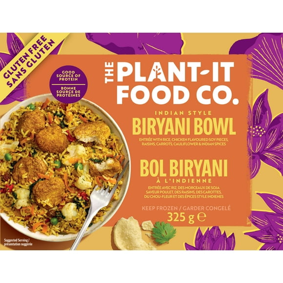 Plant It Biryani Bowl - Plant Based, Gluten Free. 15G of Protein per Serving, Ready in 6 Minutes!, Biryani Bowl is dish with Chick'n chunks in Indian spices with raisins, cauliflower, spinach, peas served over Basmati rice! 14g of protein per serving.