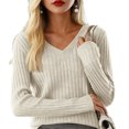 thumbnail image 3 of WULMLEO Cozy Sweaters for Women Casual Long Sleeve Loose V-Neck Knit Solid Color Pullover Tops Beige One Size, 3 of 4