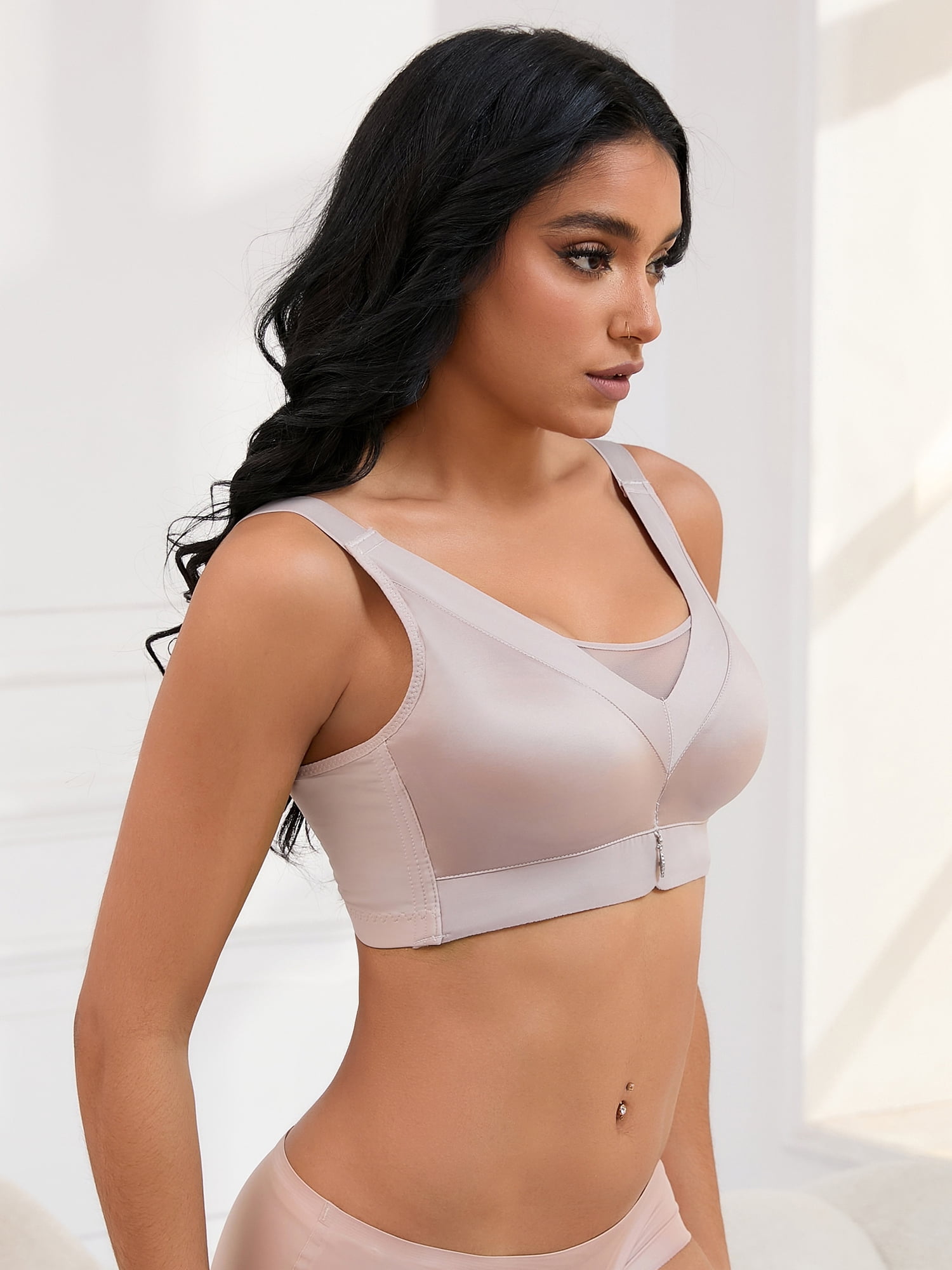 Unique Bargains Women's Wirefree U Back V-Neck Mesh Minimizers Bras L Light Brown