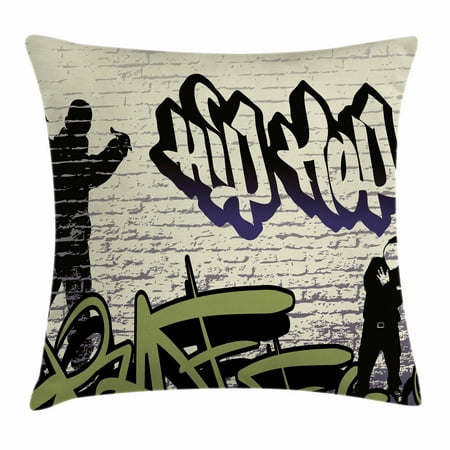 Hip Hop Throw Pillow Cushion Cover, Underground Hip Hop Grafitti Art on Building Walls Theme Grungy Background Print, Decorative Square Accent Pillow Case, 18 X 18 Inches, Multicolor, by
