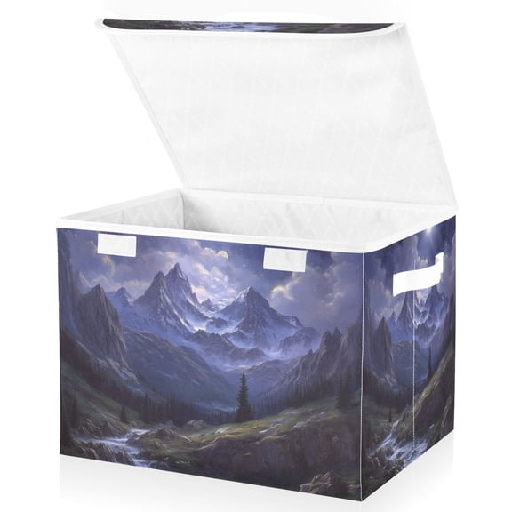 Yayeee Collapsible Cube Storage Bin with Lid Fabric Closet Decorative Basket with Handles, Moonlight Mountain