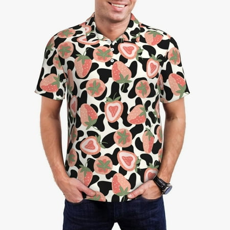 Rateoe Strawberries And Cow Skin Pattern Men s Short Sleeve Polo Shirts Golf Polo Shirts Short Sleeve Performance Moisture Wicking Dry-Medium