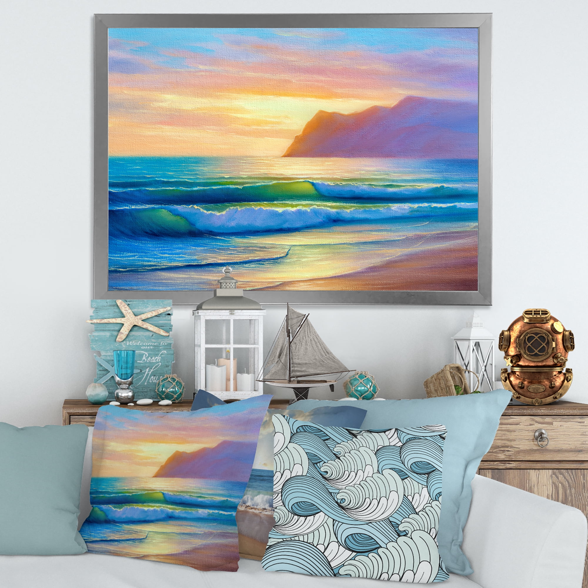 Designart 'Sunrise Glow On The Sea Waves IV' Nautical & Coastal Framed Art Print