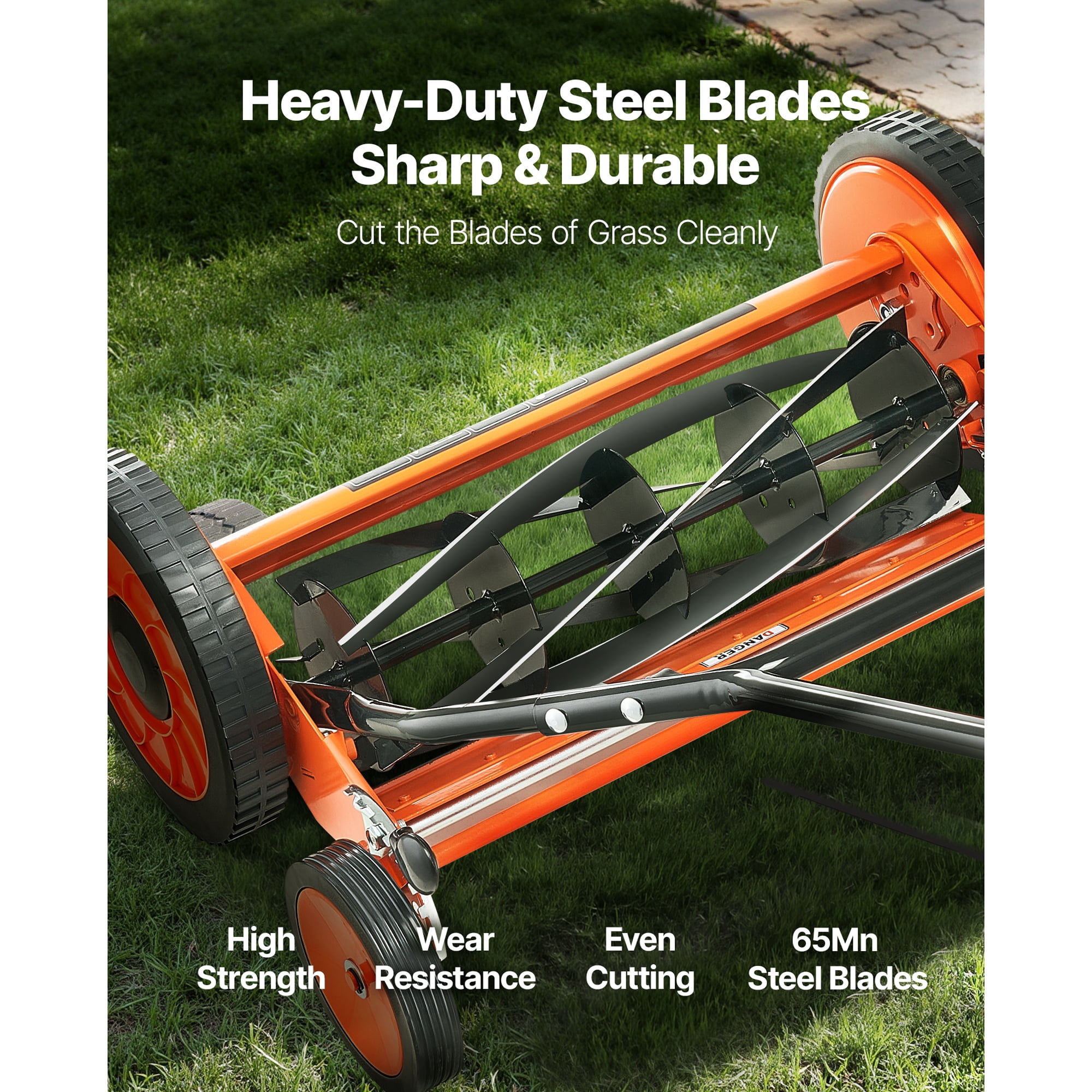 KFFKFF 18-Inch Manual Push Reel Lawn Mower, 5-Blade Design, Adjustable Cutting Height from 1.37 to 2.44 Inches, Walk-Behind Mower with Grass Collection Bag for Lawns, Driveways, and Courtyards