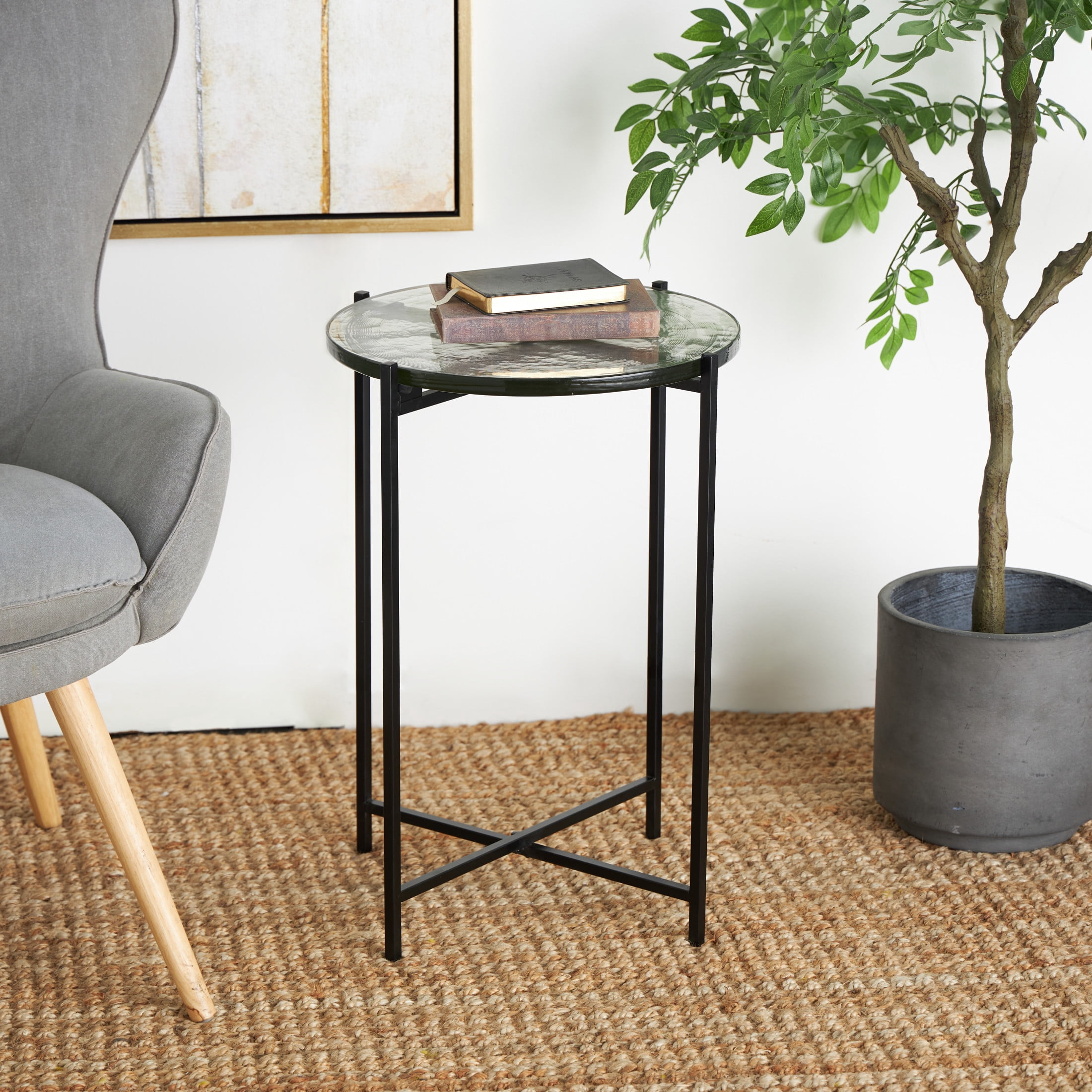 DecMode 16" x 24" Black Metal X-Shaped Accent Table with Textured Glass Tabletop, 1-Piece