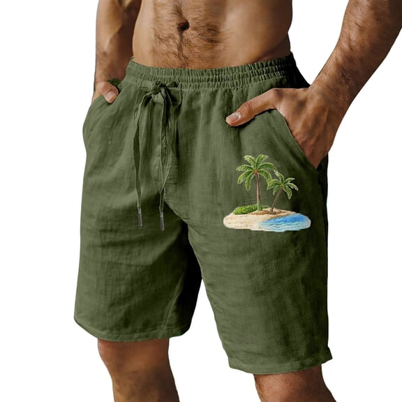 CONZONE Mens Casual Linen Shorts Elastic Waist Drawstring Summer Shorts for Men Hawaii Graphic Y2K Lightweight Loose Fit Vacation Beach Shorts With Pockets